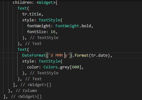 Comentários gerados automaticamente pelo VS Code, indicando onde termina cada bloco dos widgets