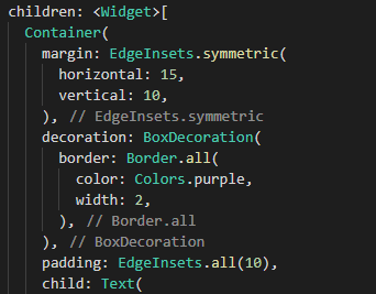 Imagem demostrando como colocar margin, padding e bordas dentro de um widget Container