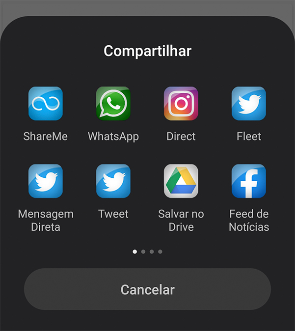 Print da tela retirada do celular, mostrando os aplicativos disponíveis para compartilhar dados, após ter selecionado o item a ser compartilhado.